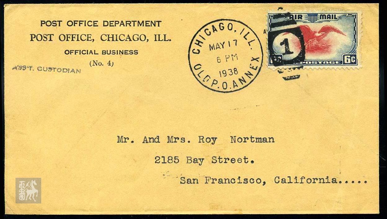 美国芝加哥邮局邮政部公事信封1938年寄旧金山盖老邮政中心1号杀手戳