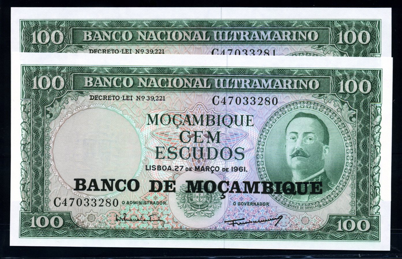 葡属非洲莫桑比克大西洋银行改莫桑比克银行100元二枚连号(挺版)
