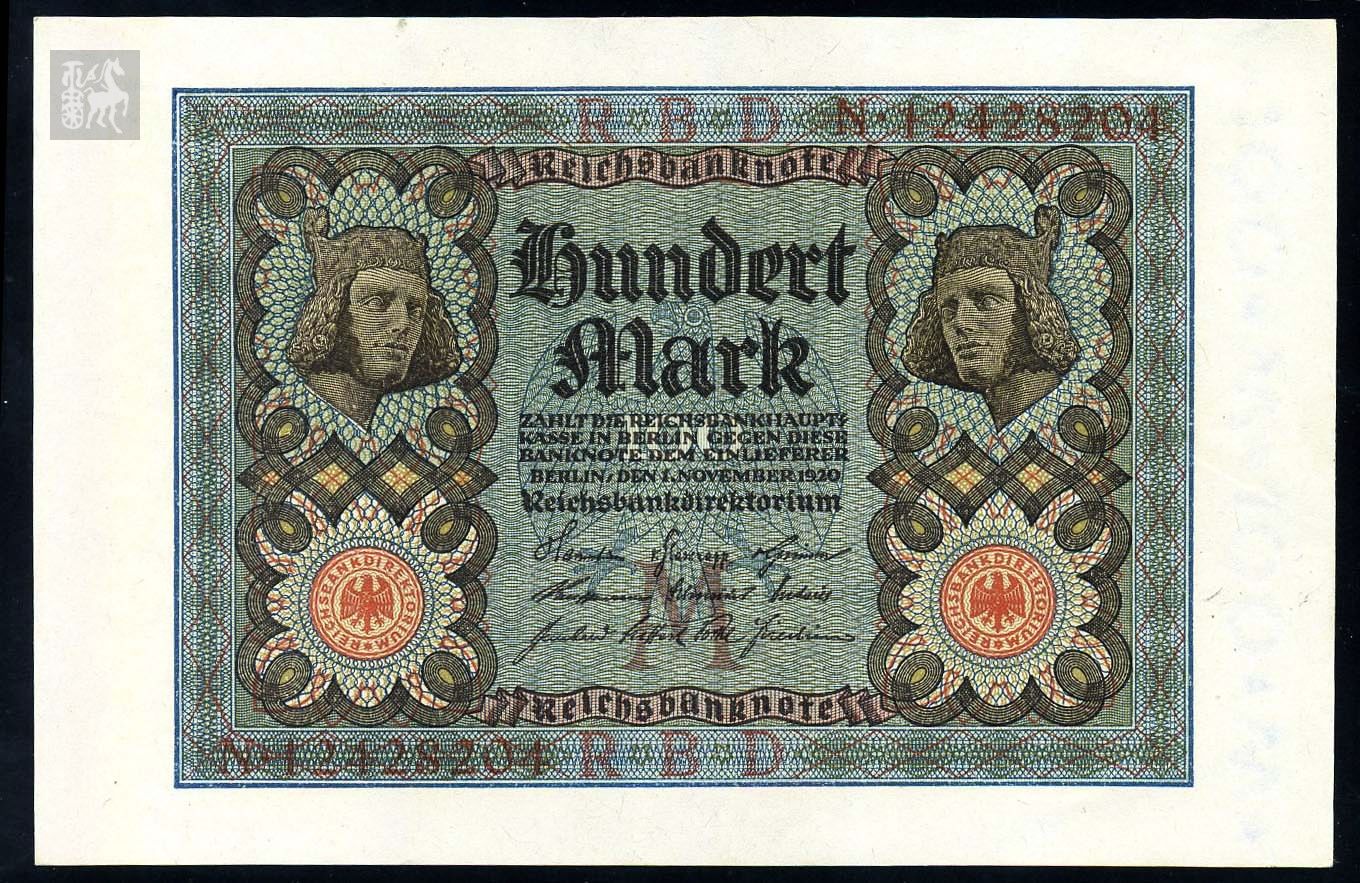 德意志帝国时期1920年(100金马克)纸币一枚(拉丁文面值水印)无