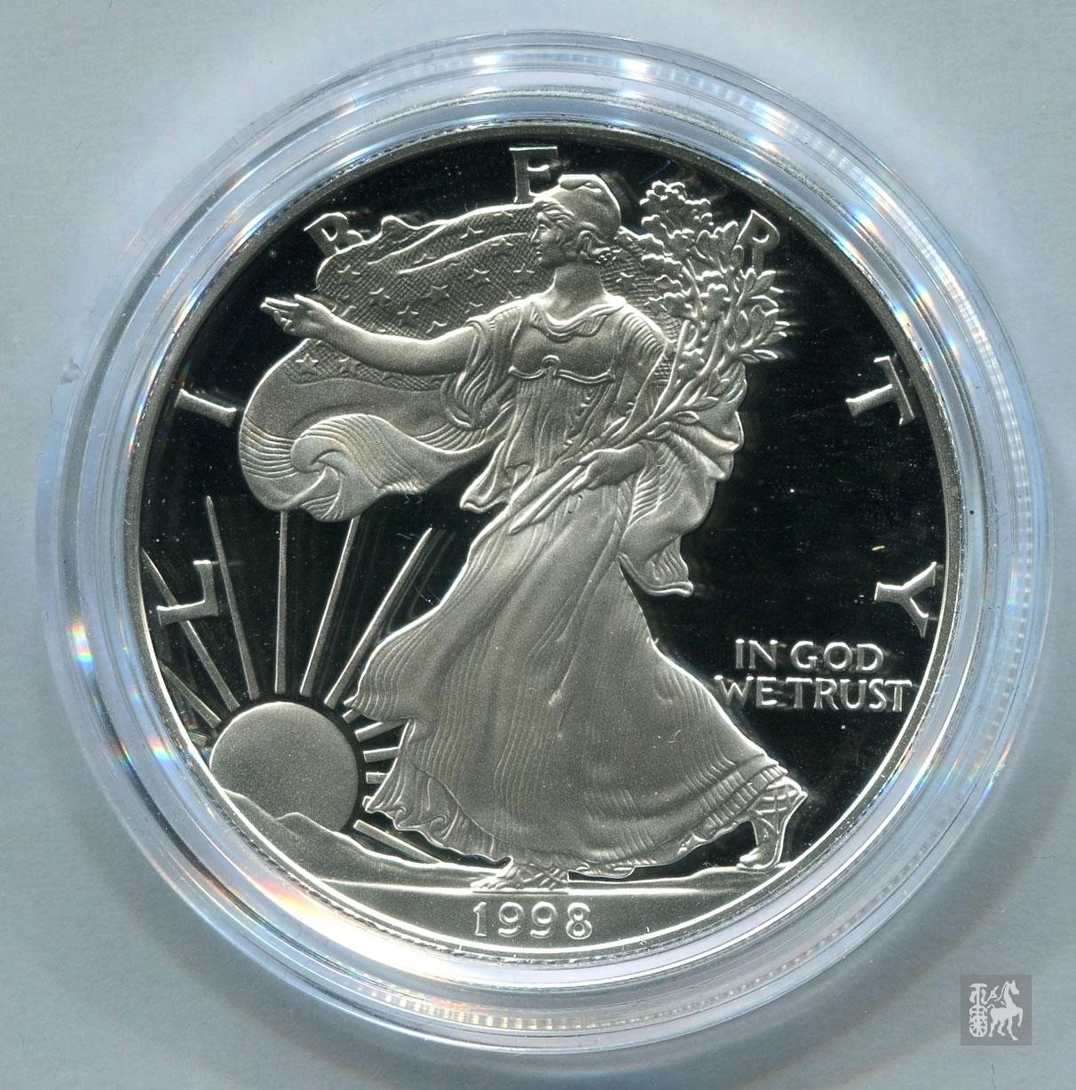 1998年美国行走自由女神1盎司精制银币一枚(带盒,带证书)完全未使用品