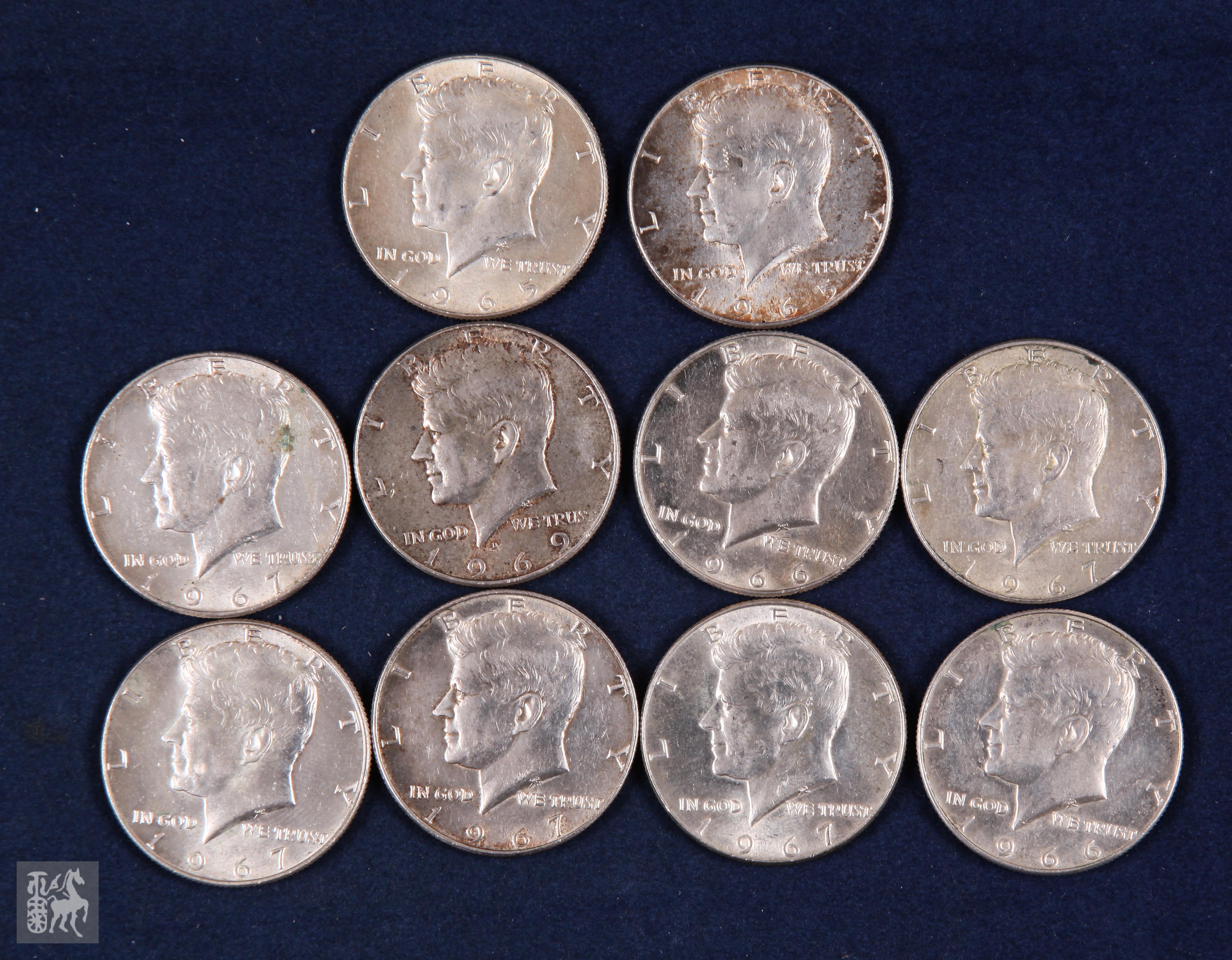 1967年美国肯尼迪11.41克银币5枚,1966年,1965年美国肯尼迪11.